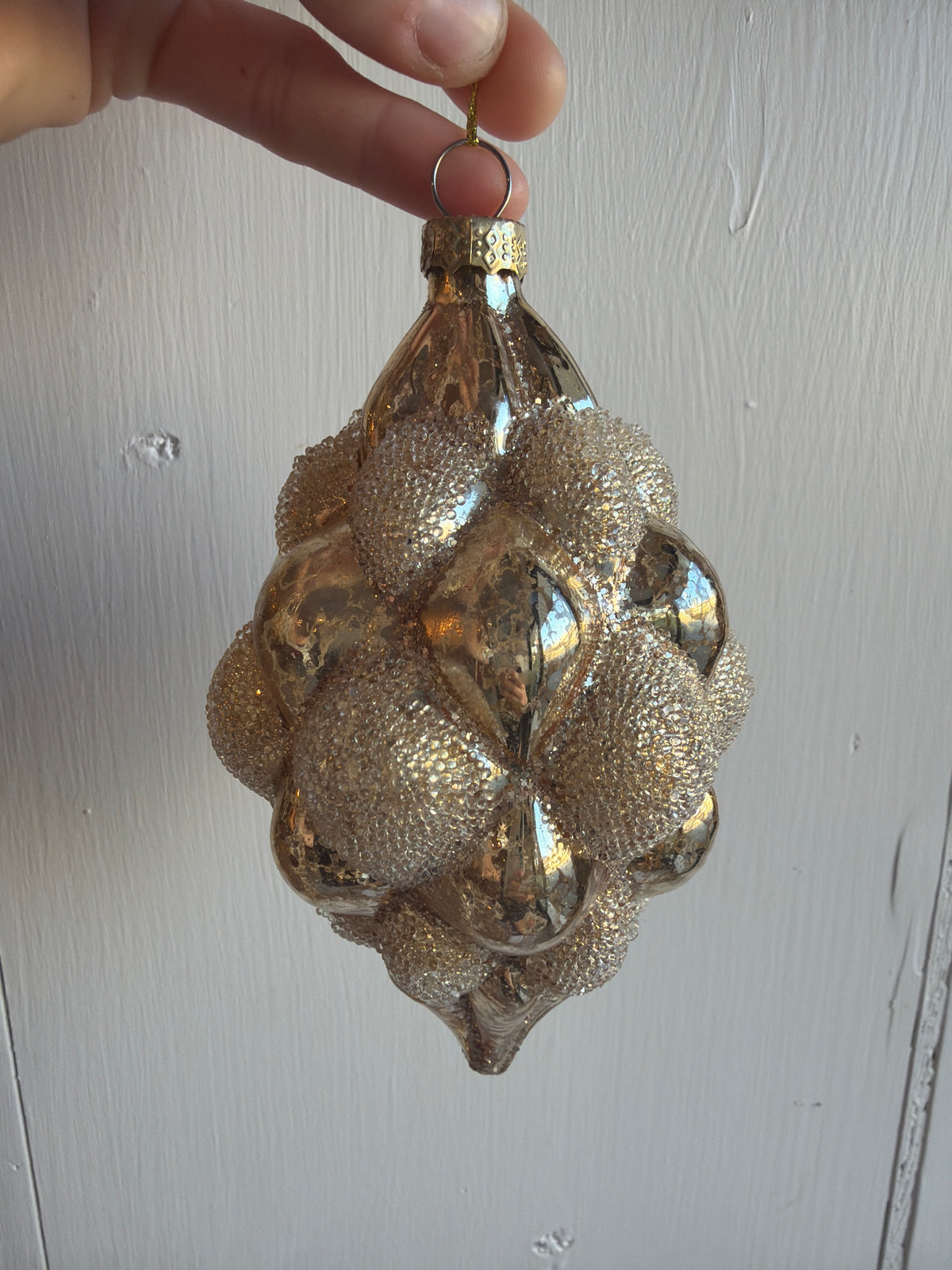 6 Inch Beaded Gold Mercury Glass Teardrop Hobnail Ornament