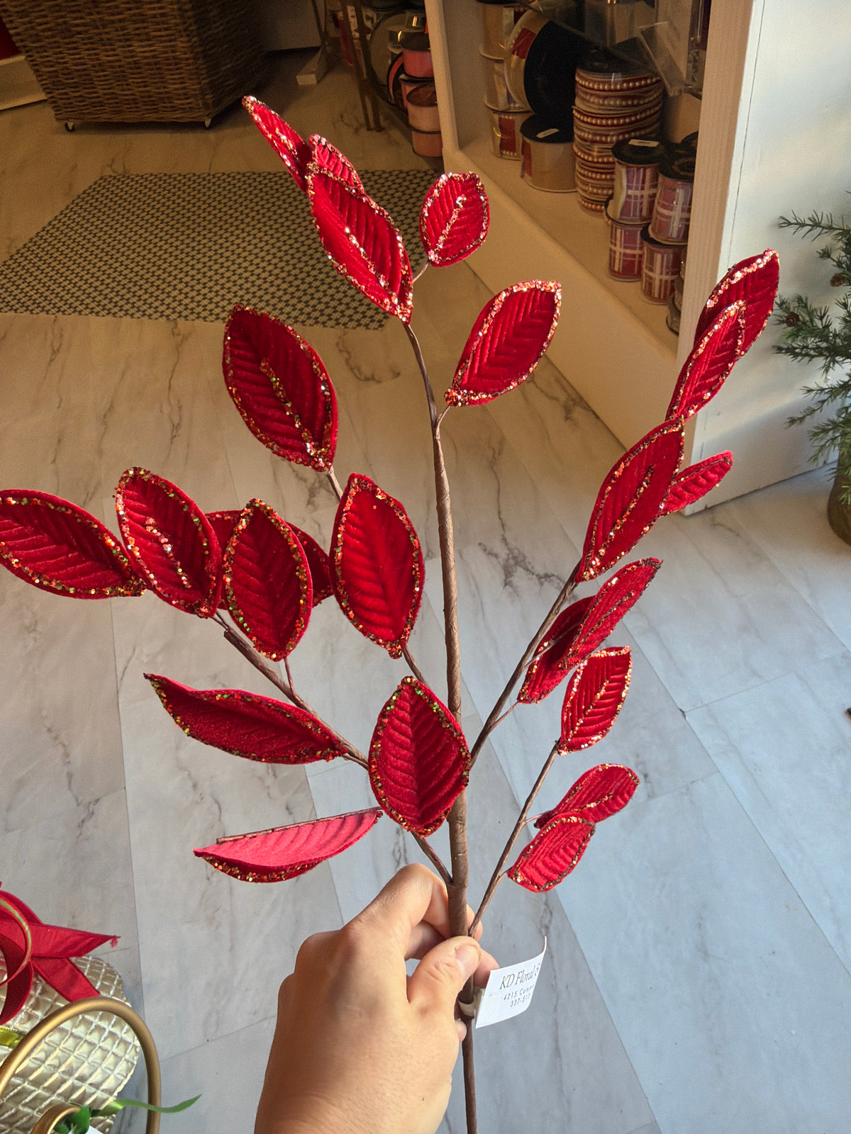 26" Mini Velvet Leaf Spray - Red/Gold