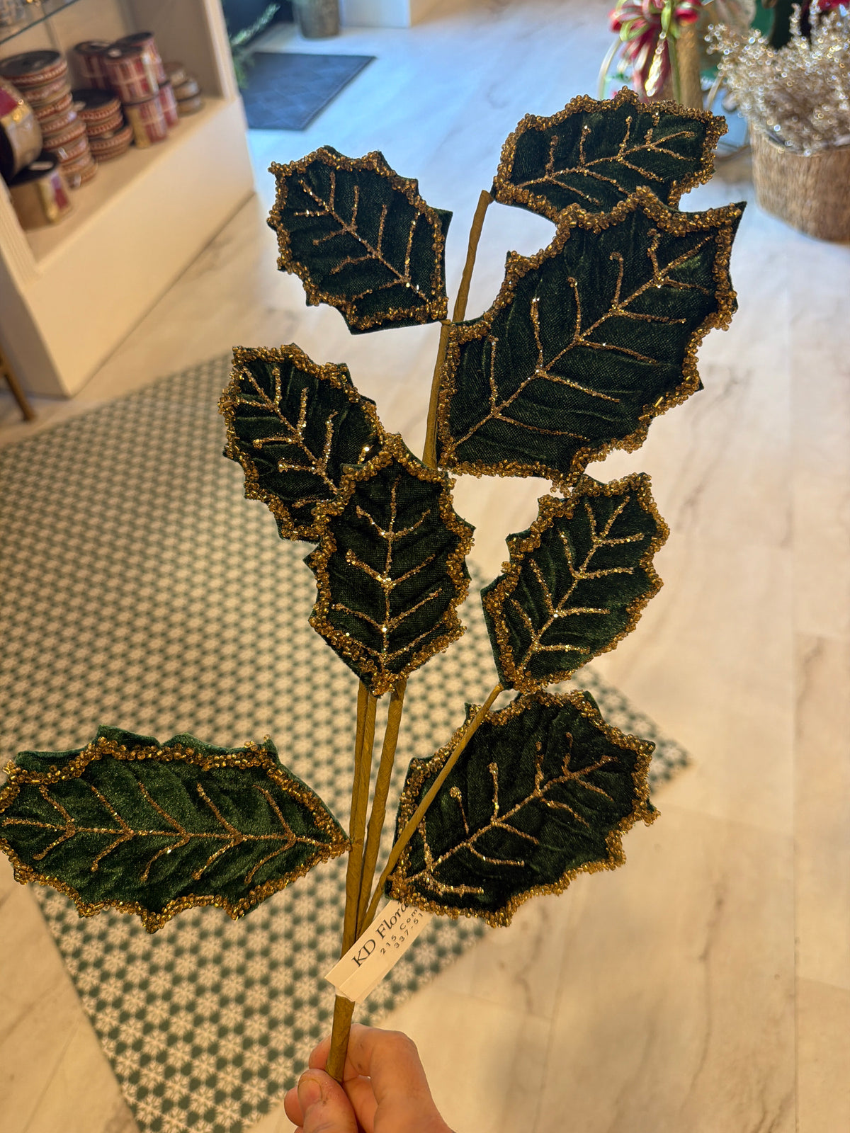 27" Beaded Velvet Leaf Spray - Green