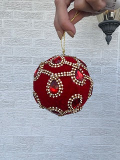 4 Inch Velvet w/ Jewels Rhinestone Ball Ornament - RED