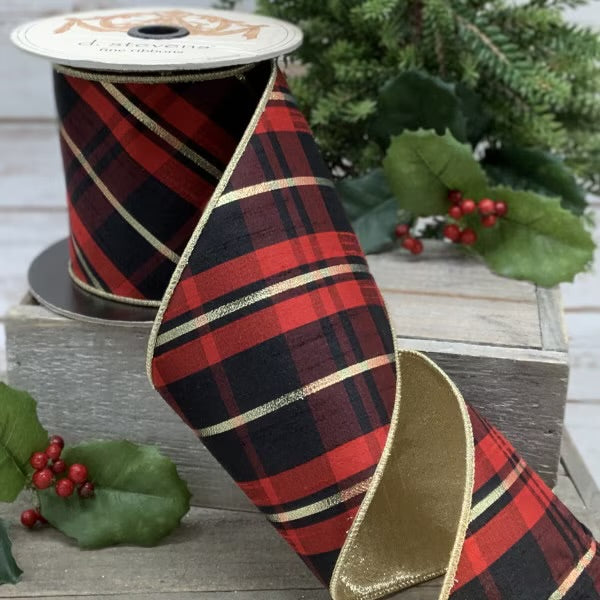 4 Inch X 10 Yards Black, Red, Gold Plaid Ribbon
