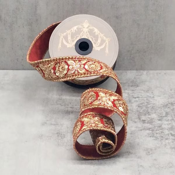 1.5" x 5yds metallic dupion sequin embroidery, red