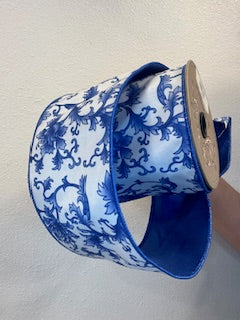 4 Inch X 10 Yard Dupion Chinoiserie Blue Ribbon