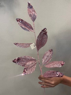 29" Pink Glitter Leaf Spray