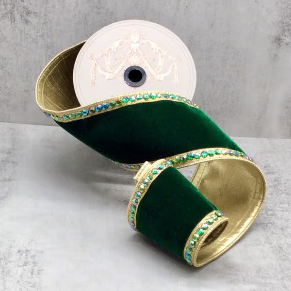 4" x 5yds velvet matching jewel side trim gold back, emerald