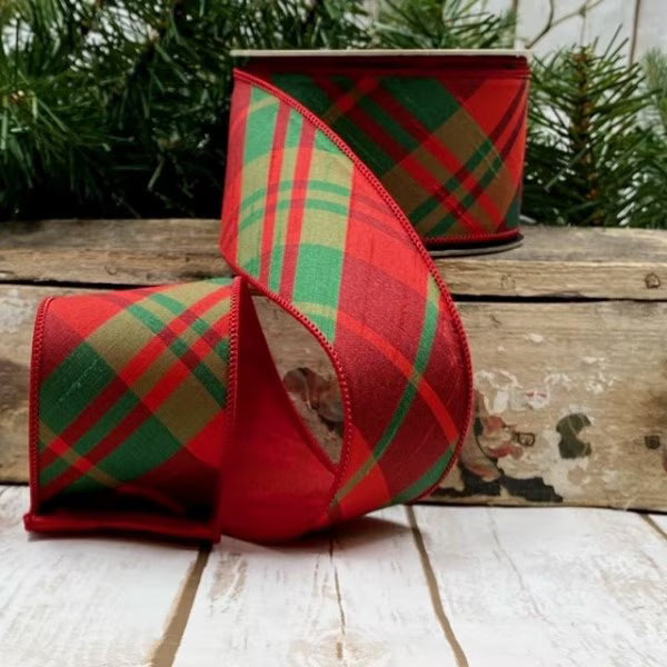 2.5" x 10yds faux dupion diagonal plaid, green red