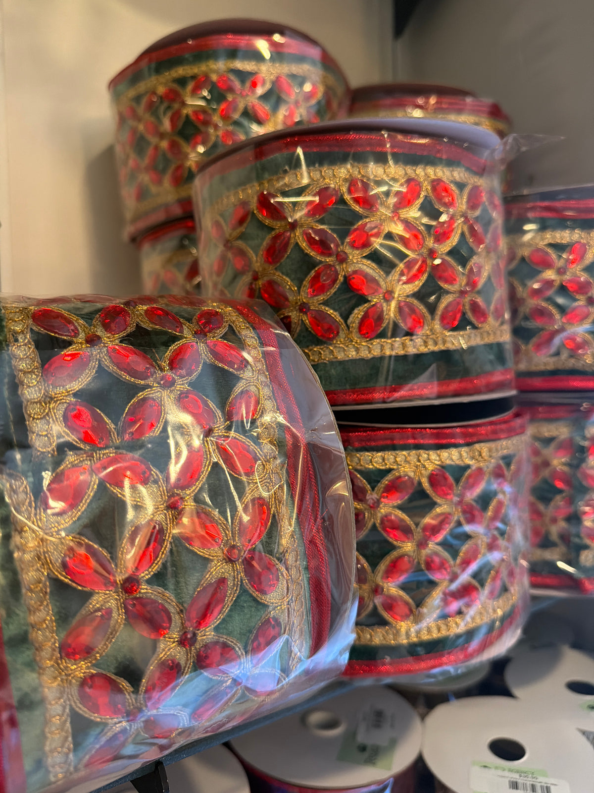 4" X 5YD Green Velvet Red Floret Metallic Dupion Ribbon