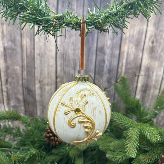 100mm glass ball ornament, gold/antique ivory