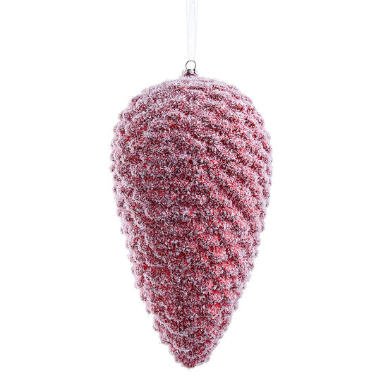10" Flocked Pine Cone Ornament Red White