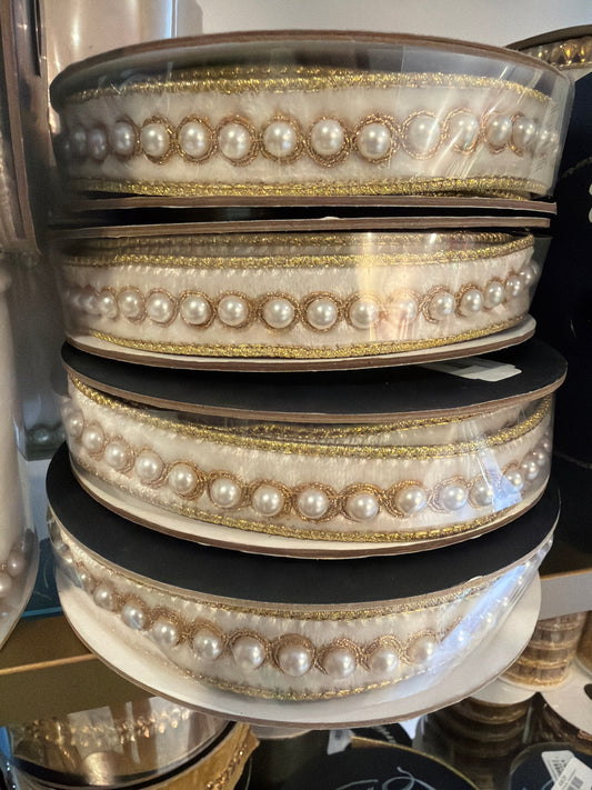 1" X 5 YD Ivory Pearl Borders Ribbon