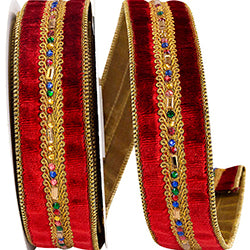 JEWEL STONES TRIM VELVET LUXE WIRED EDGE RIBBON