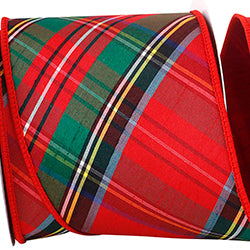 PLAID DUPIONI CLASSIC DIAGONAL LUXE RED BACKED WIRED EDGE RIBBON