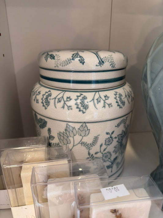 Small - White Porcelain Chinoiserie Lidded Jars- Teal