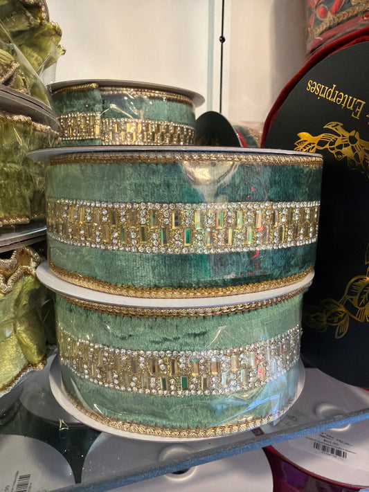 1.5"X5YD Green Velvet Jeweled Center Trim DBL Fused