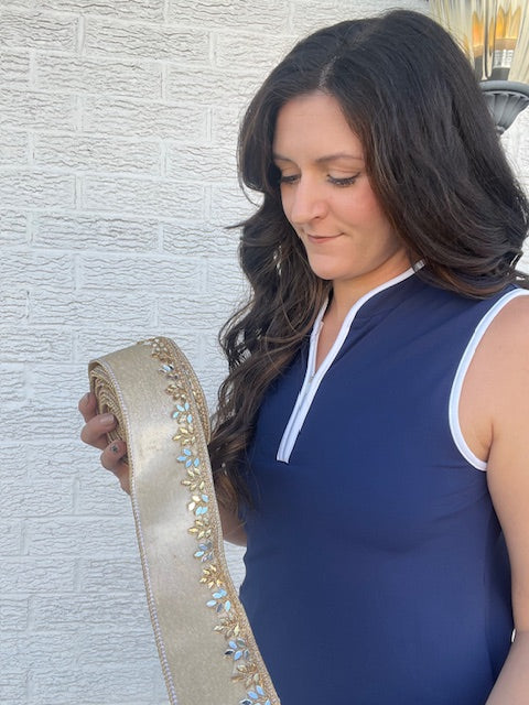 2.5 Inch X 5 Yard Velvet w/ Jewel Leaf Edge Ribbon - Champagne