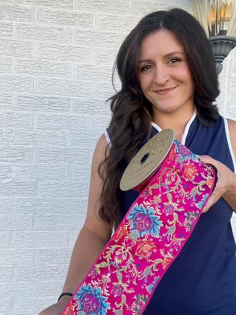 4” X 10yds Jacquard Acanthus Floral, Hot Pink