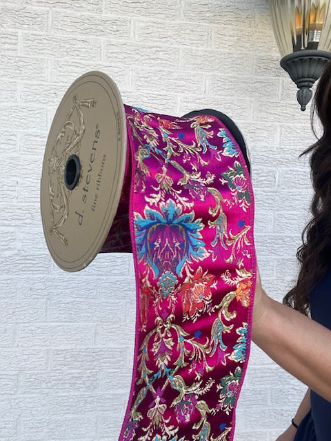 4” X 10yds Jacquard Acanthus Floral, Hot Pink