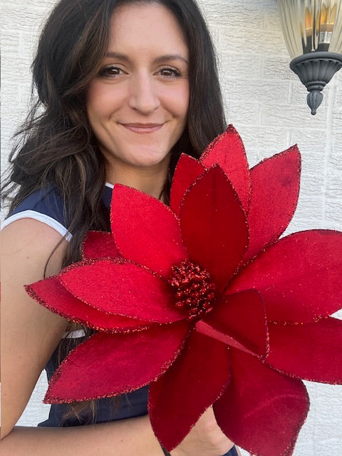 22" Red Velvet Sheen Glitter Poinsettia