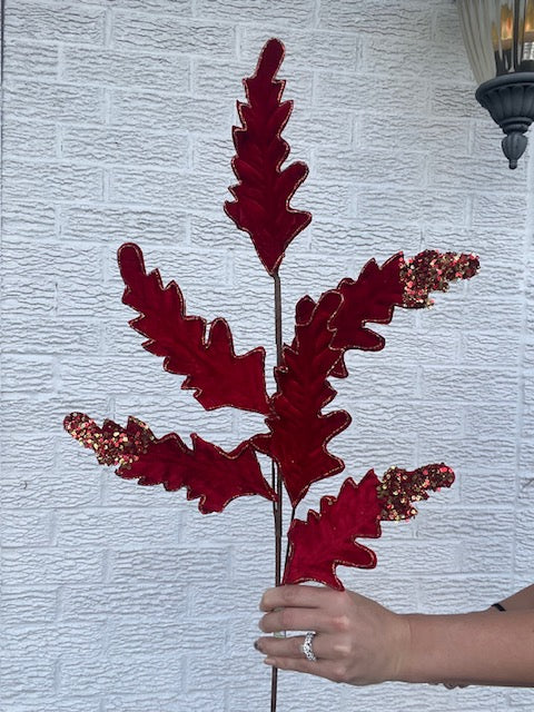 32 Inch Glitter Velvet Acanthus Spray - Red