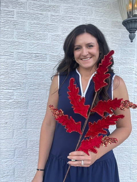 32 Inch Glitter Velvet Acanthus Spray - Red