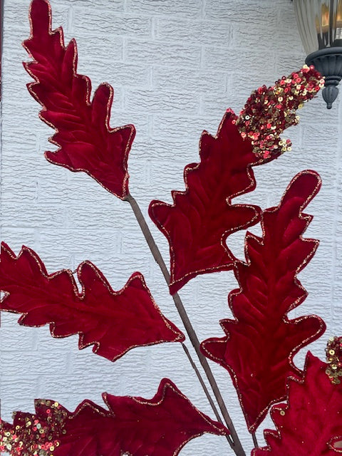 32 Inch Glitter Velvet Acanthus Spray - Red