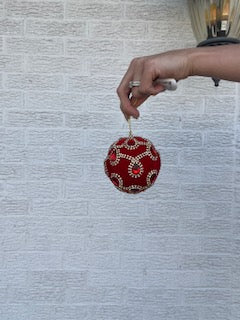 4 Inch Velvet w/ Jewels Rhinestone Ball Ornament - RED