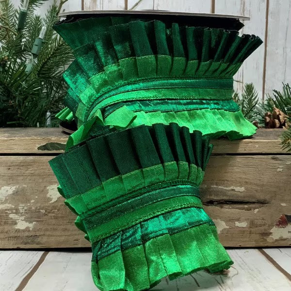 4” x 5yds Metallic Dupioni Pleated Ruffle, Green Emerald Ribbon