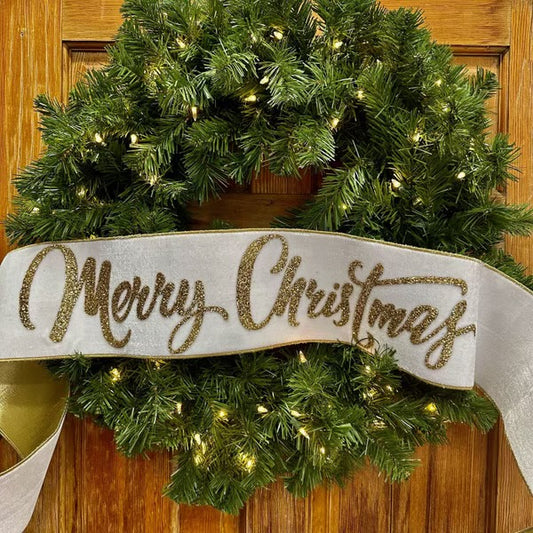 6“ x 70” Velvet Gold Glitter Merry Christmas Banner Gold Back, Winter White