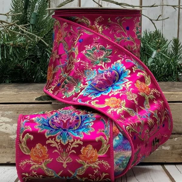 4” X 10yds Jacquard Acanthus Floral, Hot Pink