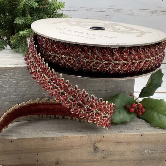 1.5 Inch X 10 Yards - Red Jeweled Vine Ribbon