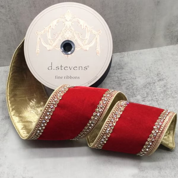 4 Inch X 5 Yards Jeweled Red Velvet Ribbon