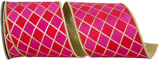 4 Inch X 5 Yard Diamond Metallic Ribbon Red/Pink/Gold