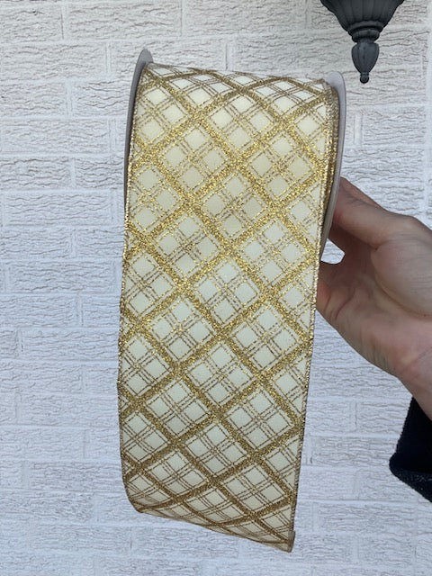 4 Inch X 10 Yards Lattice Glitter Ivory/ Gold