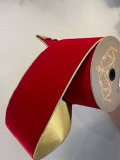4 Inch X 10 Yard Red Lush Velvet/ Gold Back
